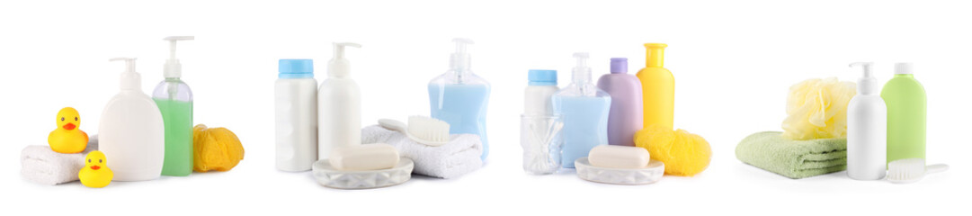 Baby accessories and toiletries isolated on white, set