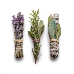 Three bundles of dried herbs, lavender, rosemary, and sage, are arranged against a stark white backdrop.  Each bundle is tied with twine, showcasing their natural textures and colors