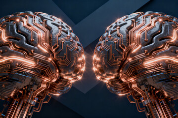 Digital brain models with glowing circuitry, representing artificial intelligence and neural networks