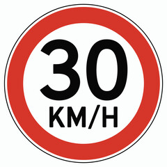 Scalable vector illustration of a 30 km/h speed limit traffic sign icon silhouette vector illustration white background