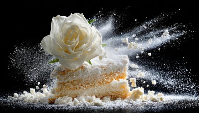 White rose atop a cake slice, powdered sugar explosion