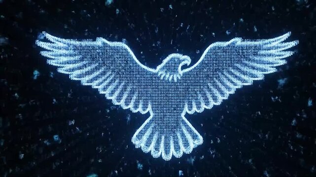 An eagle formed from blue digital numbers and binary code flies out from a tunnel of data.

