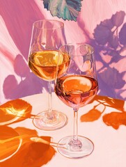 Two wine glasses, one white and one ros?, sit on a table, bathed in warm light and leaf shadows, creating a vibrant, summery scene