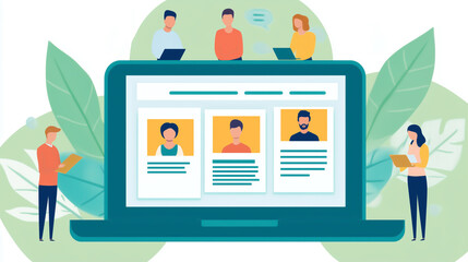 Illustration of digital hiring process with faceless people examining candidate profiles on large laptop screen surrounded by abstract leaves, Concept of recruitment, teamwork and human resources.