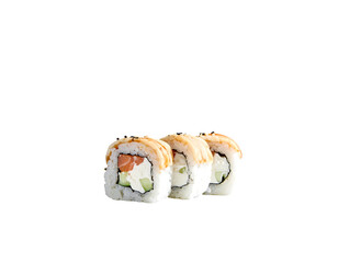 Three sushi rolls, seared, filled with salmon, cream cheese, and cucumber, displayed on a black background