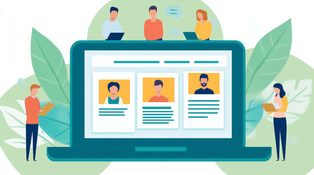 Illustration of digital hiring process with faceless people examining candidate profiles on large laptop screen surrounded by abstract leaves, Concept of recruitment, teamwork and human resources.