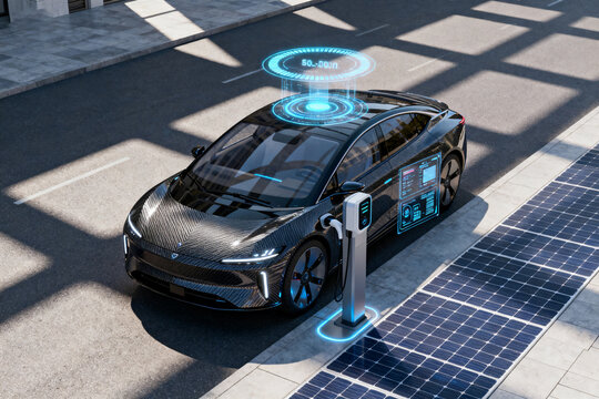 Electric vehicle charging at solar-powered station with digital interface and augmented reality display