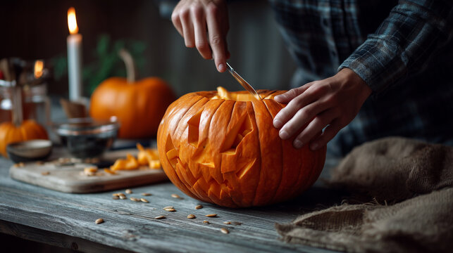 Close-up of hands carving scary jack-o&acirc;-lantern pumpkin, spoon removing seeds, Halloween preparation scene on rustic table. carving Halloween pumpkin, jack o lantern making, pumpki