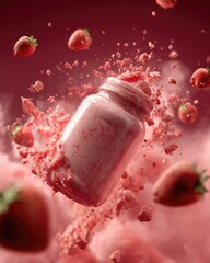 A mason jar filled with pink strawberry mixture explodes mid-air, surrounded by flying strawberry pieces and a pink cloud-like substance against a deep red background