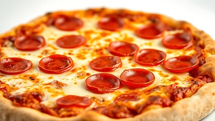 A mouthwatering pepperoni pizza with melted cheese, captured in warm golden tones.
