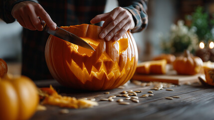 Close-up of hands carving scary jack-oâ-lantern pumpkin, spoon removing seeds, Halloween preparation scene on rustic table. carving Halloween pumpkin, jack o lantern making, pumpki