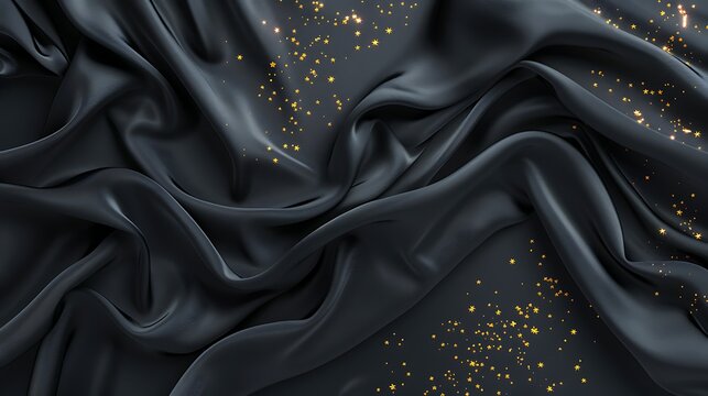 Elegant Black Satin Fabric with Golden Sparkles for Fashion and Textile Backgrounds
