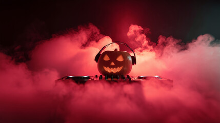 Jack-oâ-lantern pumpkin acting as DJ, wearing headphones, mixing music on console, dramatic smoke and neon red backlight, Halloween nightlife concept. jack o lantern DJ, Halloween