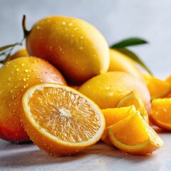 A close-up shot of ripe mangoes and oranges, some sliced, showing water droplets on their surfaces, set against a neutral backdrop