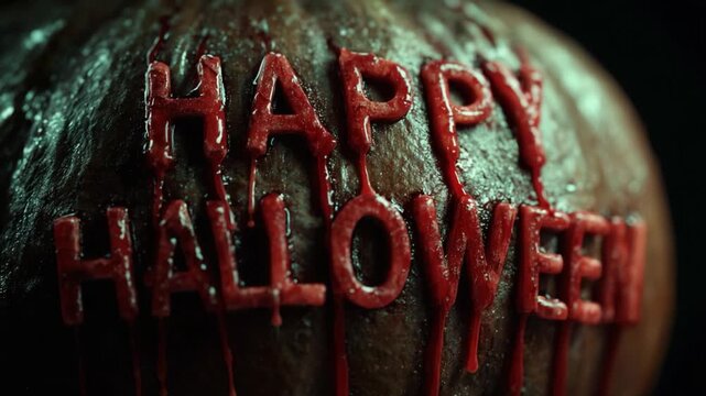 Spooky and gruesome message reading Happy Halloween carved into a monster's skin, with thick red blood dripping down in a chilling and terrifying horror scene against a dark background