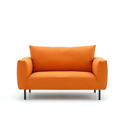 Stylish modern orange loveseat sofa with sleek black legs, isolated on a white background. Comfortable contemporary two-seater furniture for interior design