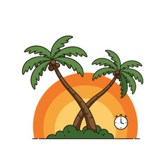 Two Palm Trees Cartoon with Sunset Illustration