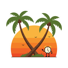 Cartoon Palm Trees with Birds and Sunset