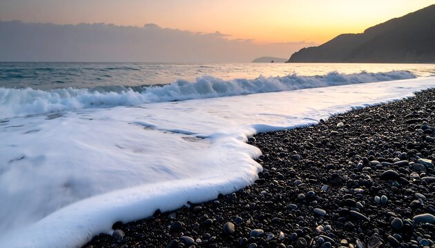 Coastal sunrise waves on a pebbled beach