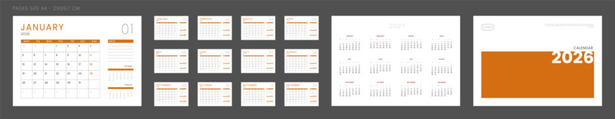 2026 Calendar Planner Set of Template grid Monthly Page with Note, Cover with Place for Photo, Company Logo, Annual 2027. Vector layout of wall or desk calend with week start Monday in print. Pages A4