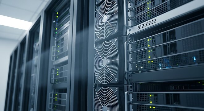 Close-up view of a server room with rows of computer servers and cooling fans, showcasing technology.