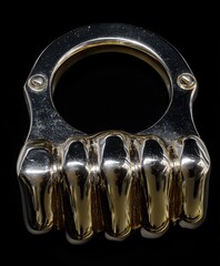 A polished metal ring, resembling a stylized fist, is presented against a stark black backdrop.  The ring's surface showcases a blend of textures and reflective highlights