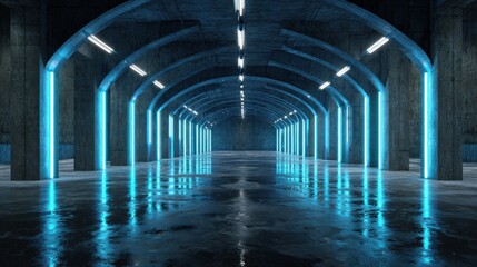 Fototapeta premium Futuristic neon lights interior Hdri. 360 panoramic view of a cyber garage room hangar with sci fi glowing blue tubes. Vr projection of dark tunnel warehouse with wet cement floor 3d Rendering