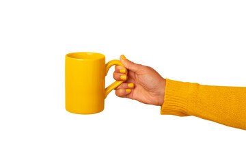 Close-up of a hand in yellow sweater holding a matching yellow mug on transparent background, perfect for branding, advertising, and lifestyle concepts.