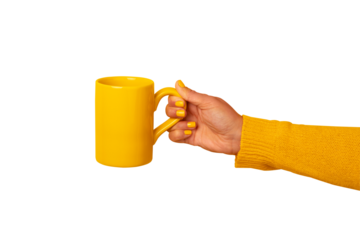 Close-up of a hand in yellow sweater holding a matching yellow mug on transparent background, perfect for branding, advertising, and lifestyle concepts.