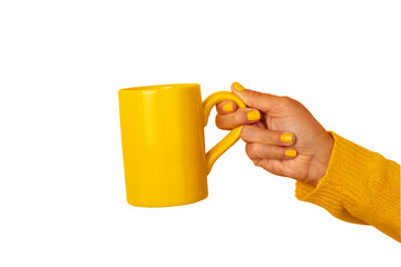 Female hand holding a vibrant yellow ceramic mug against transparent background. Colorful, minimal, and suitable for coffee, tea, breakfast, or lifestyle concepts.