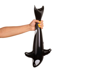 A human hand tightly grips a black inflatable orca toy on transparent background, highlighting the playful and modern concept.