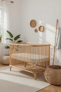 Serene Nursery Scene Wooden Crib, Natural Decor, and Soft Light for Baby's Room