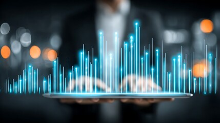 Business Professional Analyzing Data Trends with Digital Graph Overlay on Tablet Device at Night in Urban Environment