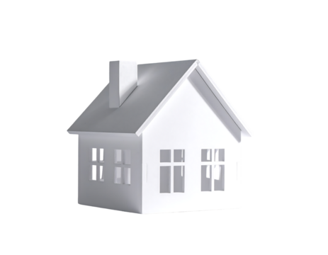 Simple white 3D model of a small house with a chimney, showing a front and side view, rendered against a black background