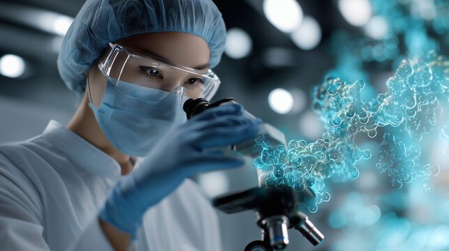 High-tech clinical laboratory scene, technician testing water sample with microscope, glowing 3D molecular graphics floating in air, representing toxic compounds arsenic, PFAs, chl