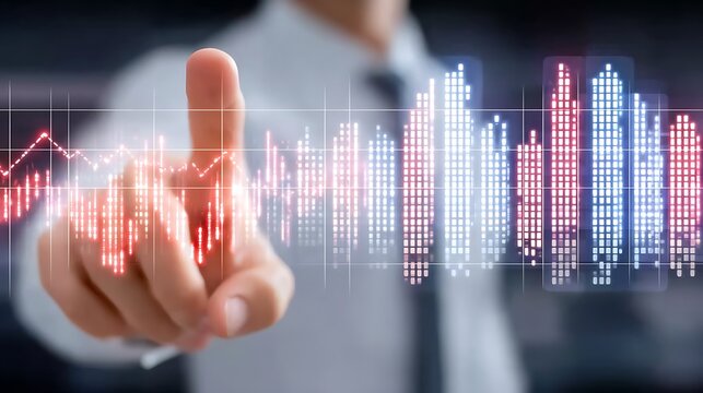 Business professional interacting with digital stock market data visualization for modern financial analysis
