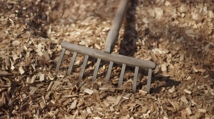 木製の熊手とウッドチップの山 トップビュー