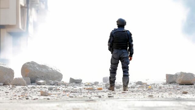 Riot police officer wearing full tactical gear walking away from smoky, debris scattered urban environment following intense civil unrest and confrontational demonstration