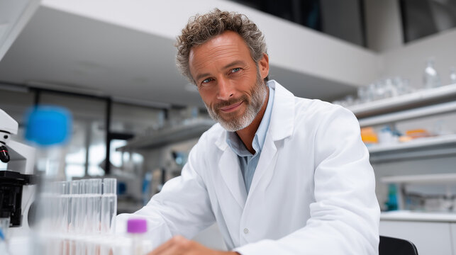 Senior male scientist in white lab coat working with samples in laboratory, sitting at research desk with scientific instruments, professional research environment.senior scientist