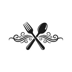 Black silhouette of a crossed fork and spoon with elegant swirling decorative lines on a white background, symbolizing dining or restaurant.
