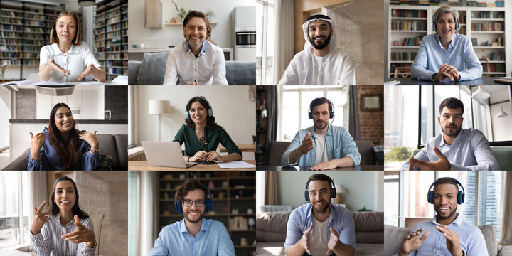 Group of different people participate in videocall, collage faces view