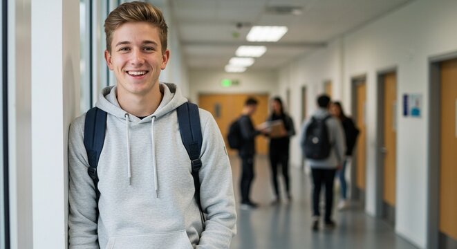 A young female student with a casual style, wearing a light gray hoodie and carrying a backpack, stands in the brightly lit school hallway.
