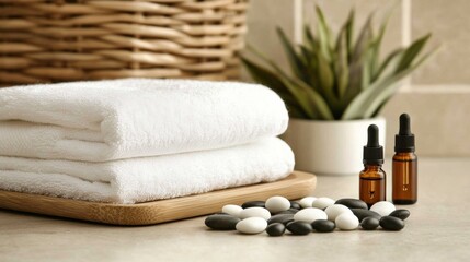 Minimalist Spa Scene with White Towels, Stones, Essential Oils, and Relaxing setting smooth
