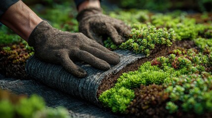 Hands spreading substrate on green roof installation with sedum plants and drainage layers visible Ultra high quality, smooth details, soft lighting, glowing light realistic 8K resolution