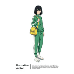Vibrant anime-style illustration of a young woman in a green tracksuit with a yellow shoulder bag, standing confidently
