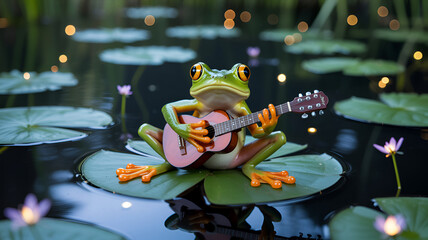 surreal frog meditating in lotus yoga position with glowing lights fantasy scene peaceful amphibian wildlife concept relaxation mindfulness balance spiritual meditation art