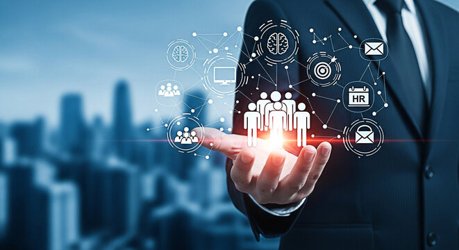 Businessman holding human resources icons representing team management and digital transformation in a modern corporate environment