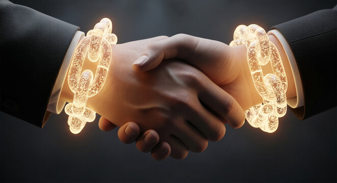  Handshake with a Glowing Blockchain Chain, Symbolizing Digital Trust - Powered by Adobe