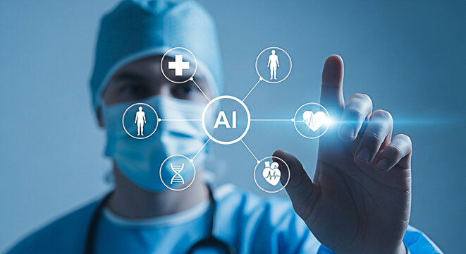Doctor uses artificial intelligence interface for medical diagnosis and treatment planning in a modern hospital environment for healthcare innovation