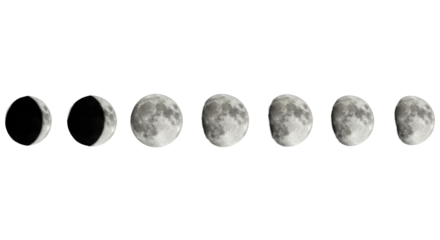 Horizontal sequence of detailed moon phases: crescent to full, showing craters, maria, texture, precisely illuminated against deep black cosmic background, scientific visualization concept